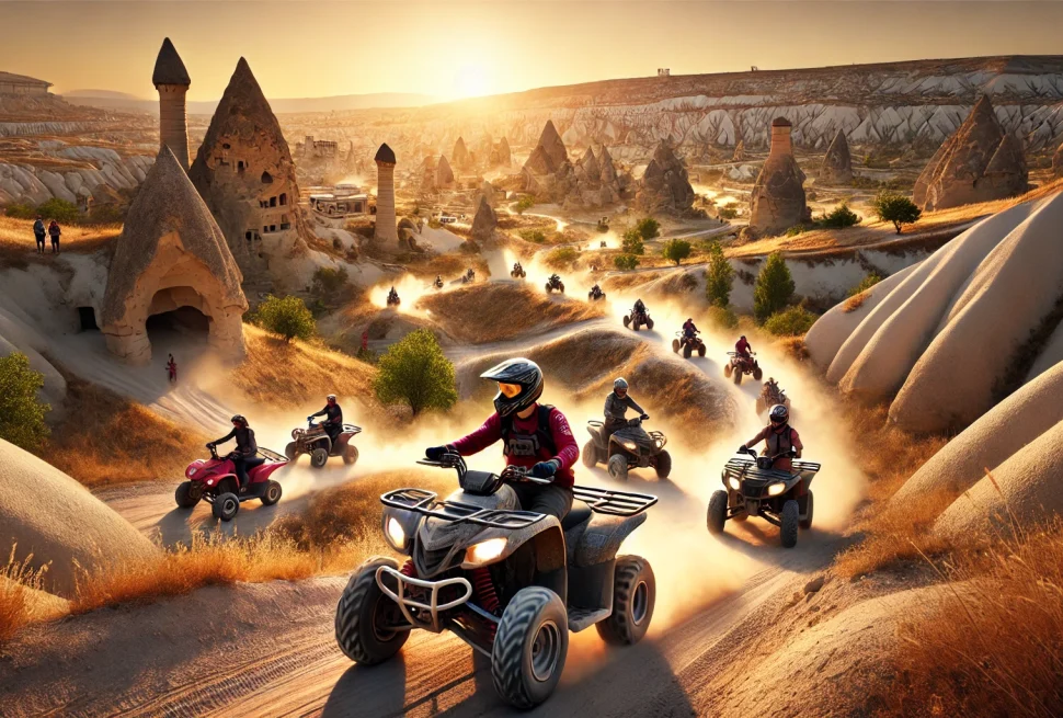 a group of people riding atvs on a dirt road