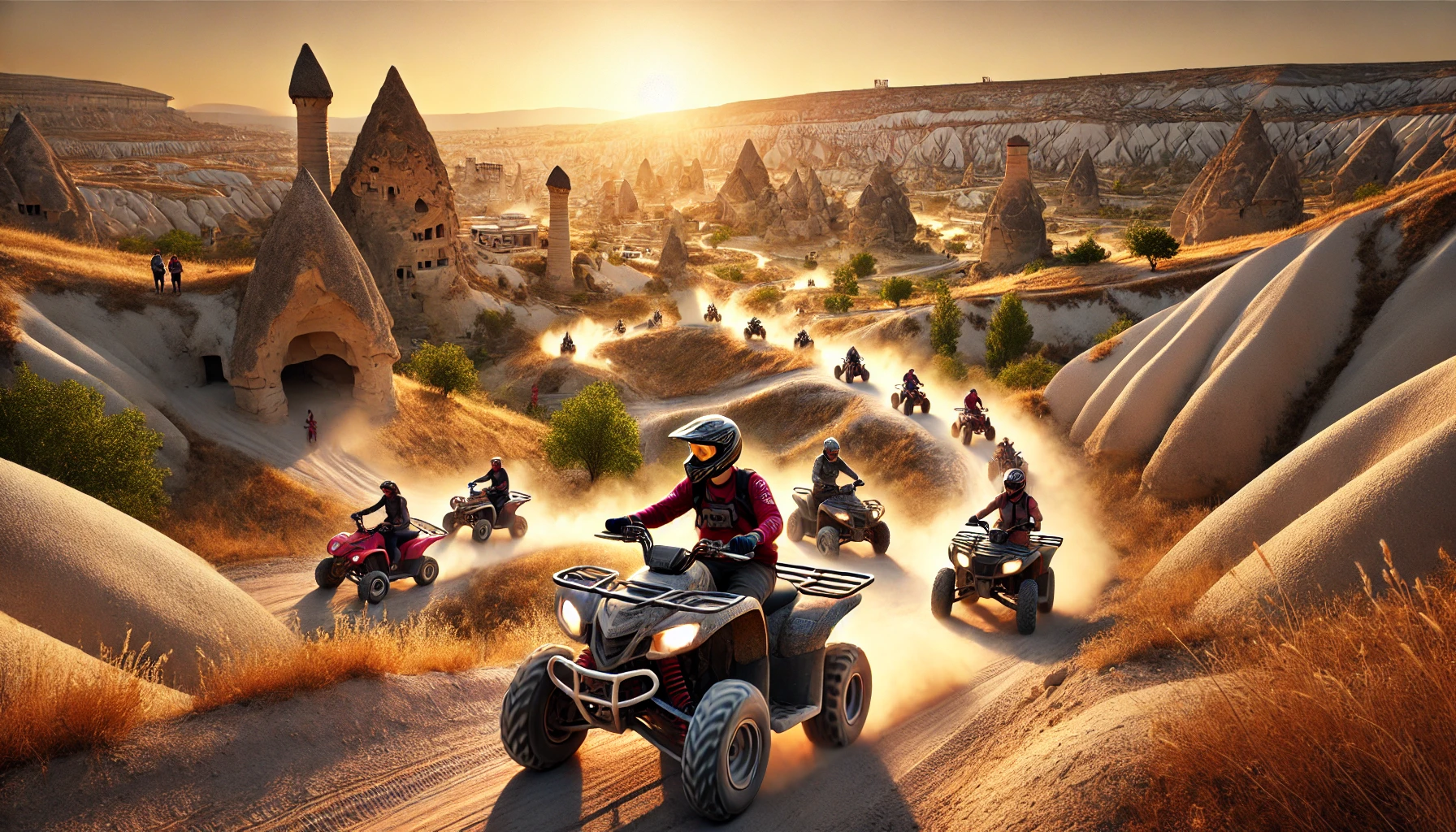 a group of people riding atvs on a dirt road