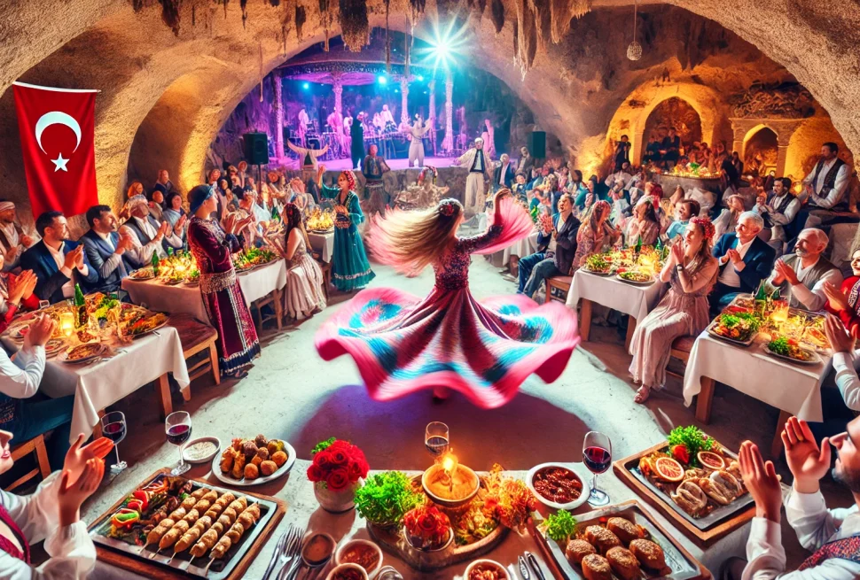 a woman dancing in a room with a group of people