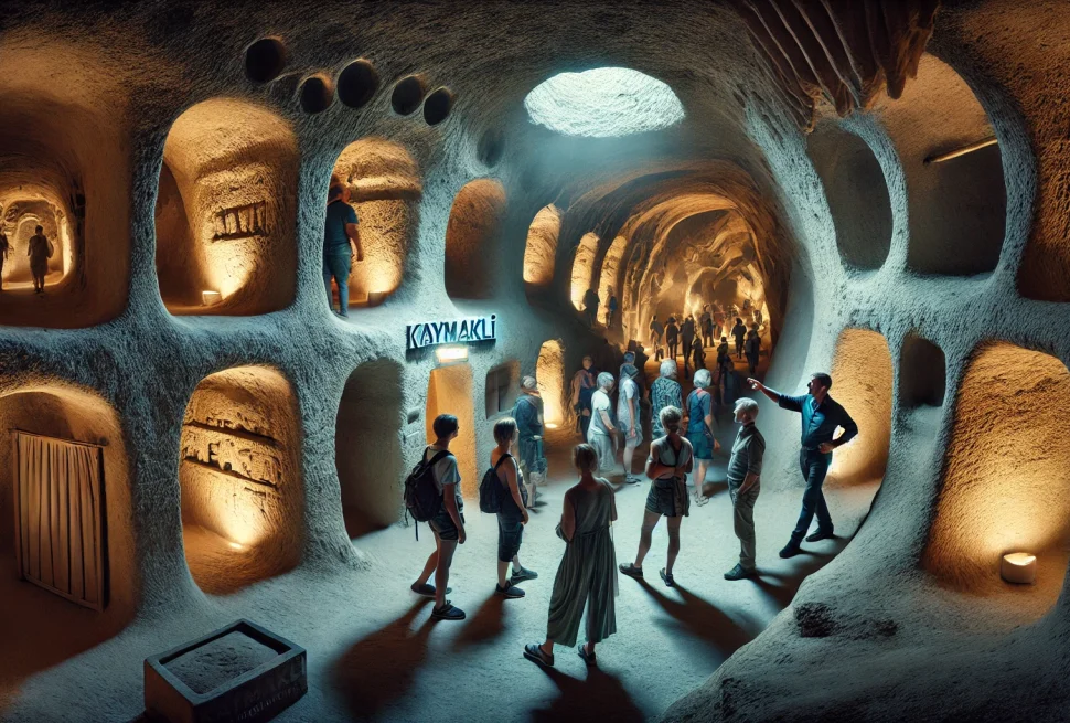 a group of people in a cave