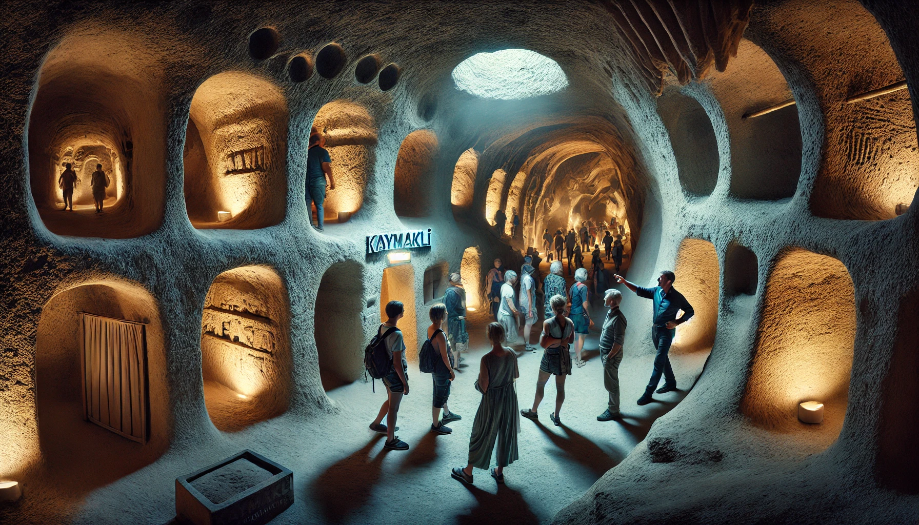 a group of people in a cave