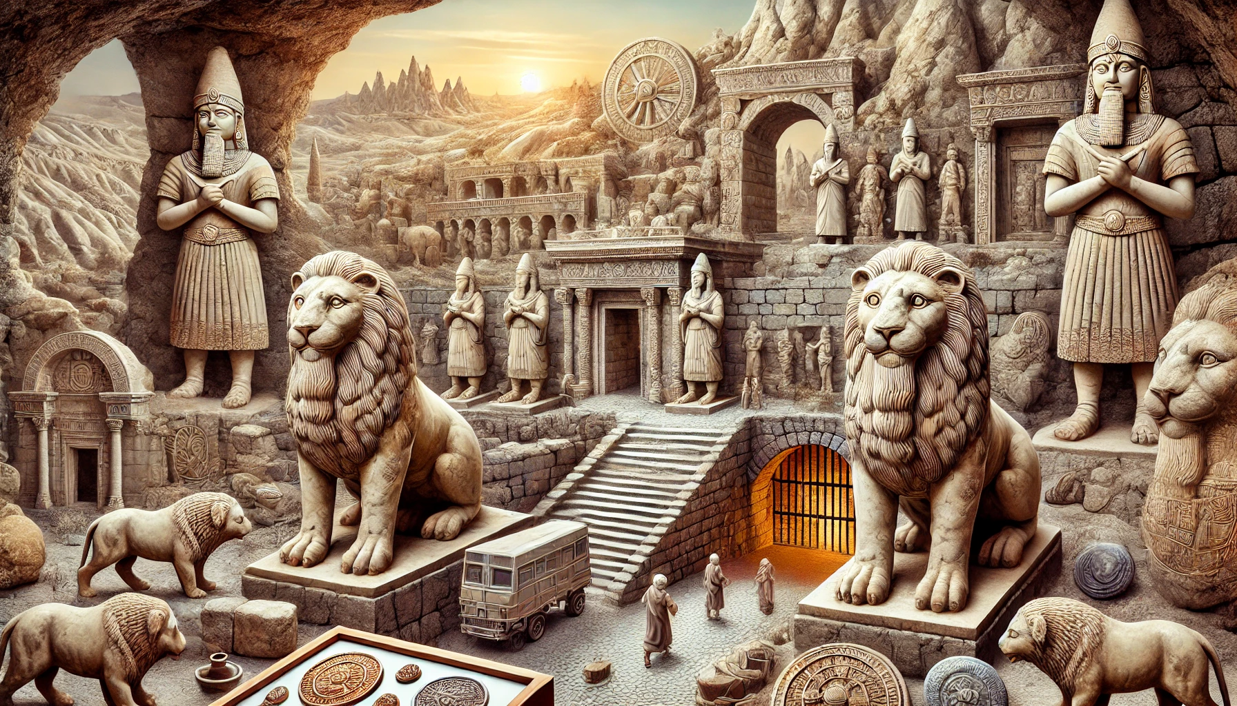 a stone statues of lions and a cave