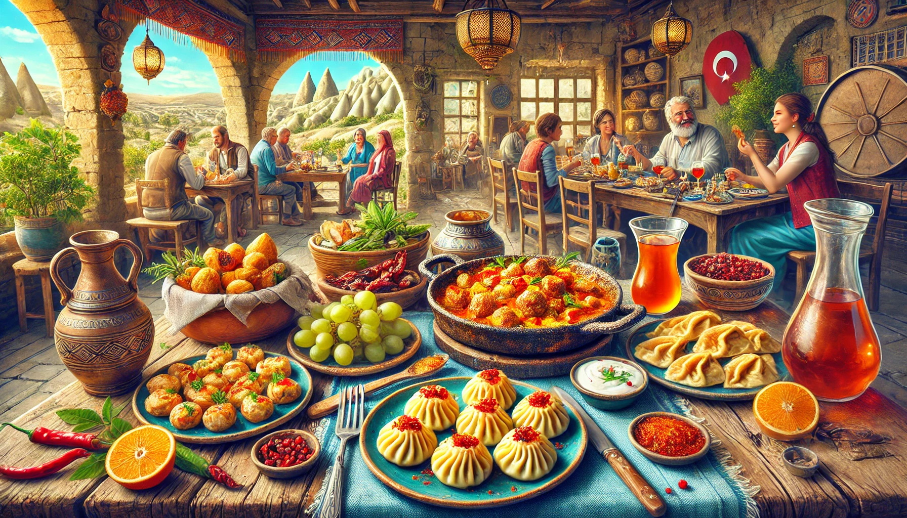 a group of people sitting at a table with food