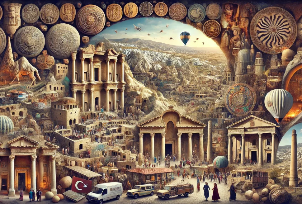 a painting of a city with many coins