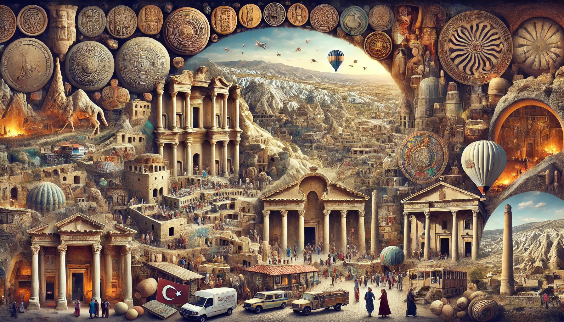 a painting of a city with many coins