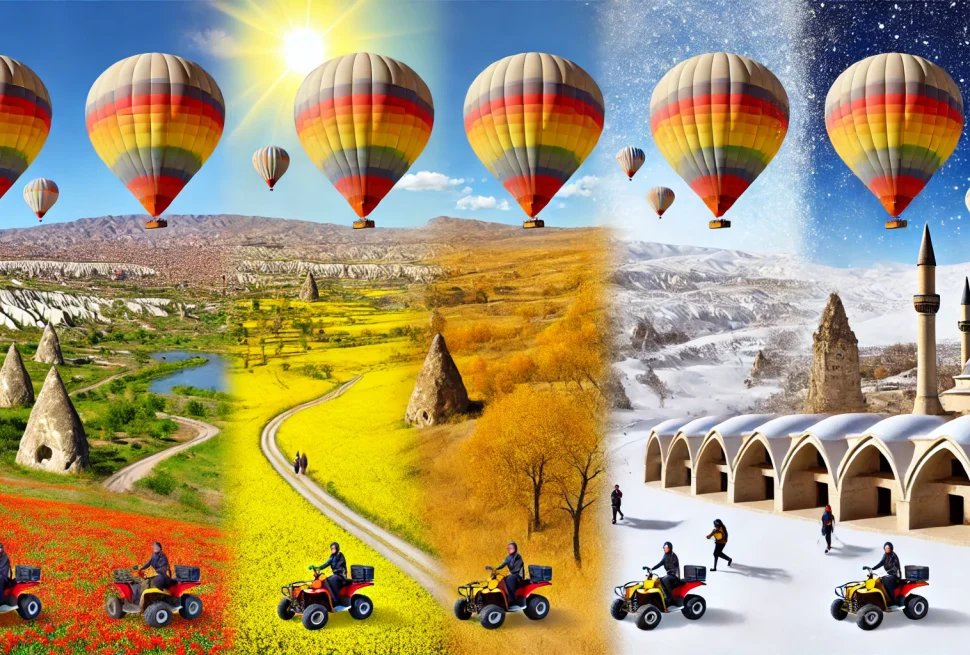 a collage of hot air balloons over a landscape