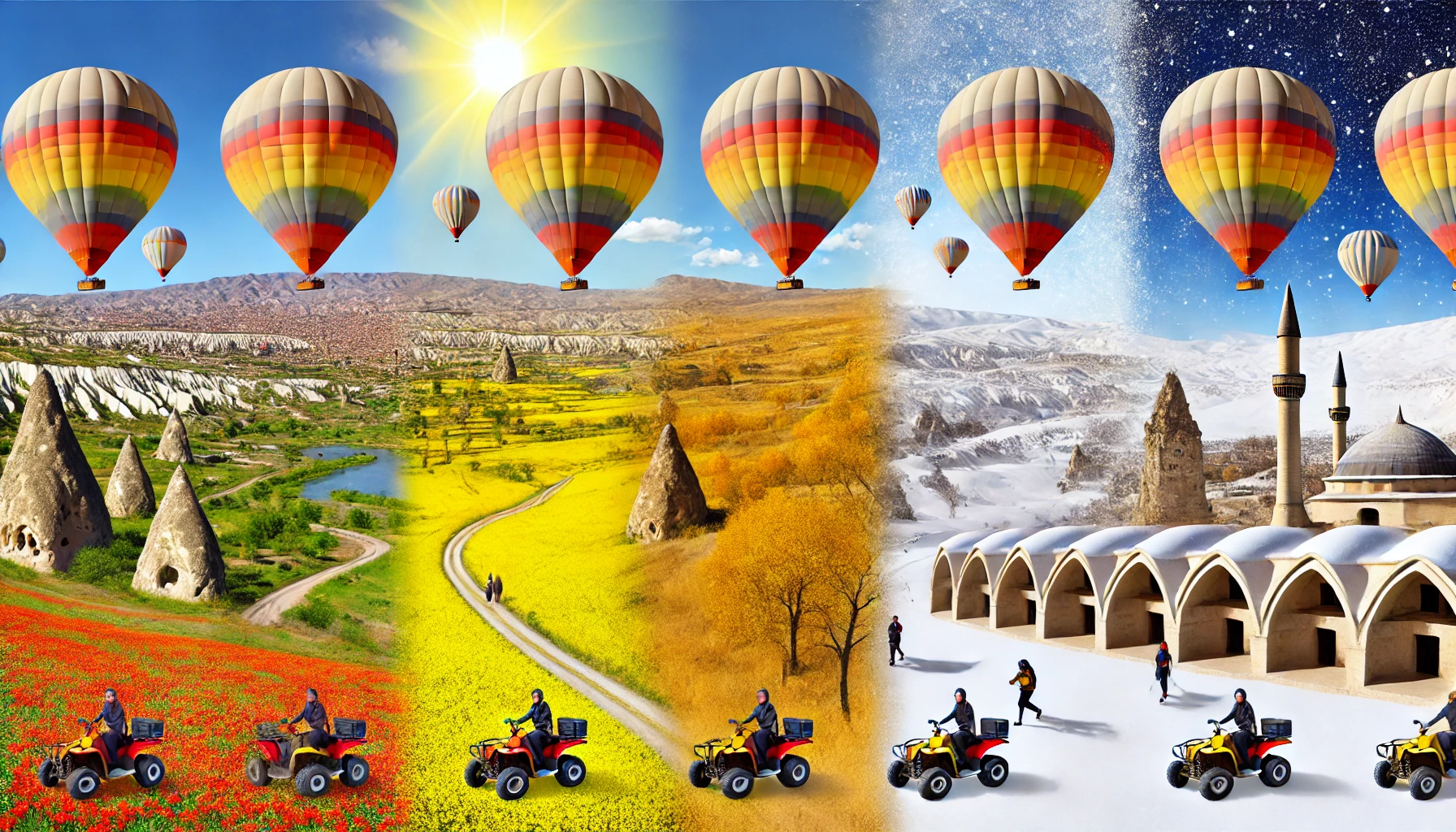 a collage of hot air balloons over a landscape