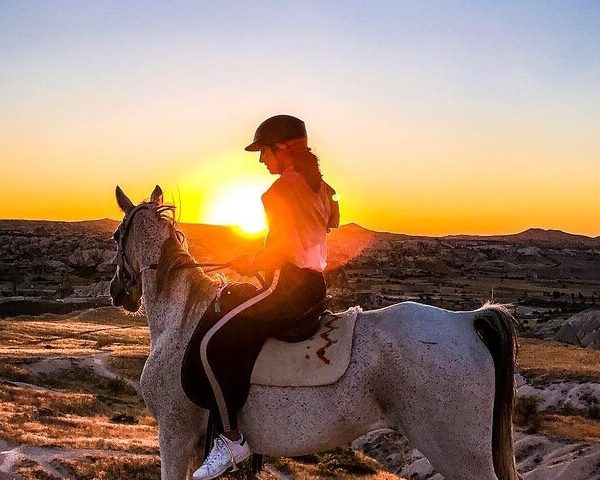 a woman riding a horse in the sun