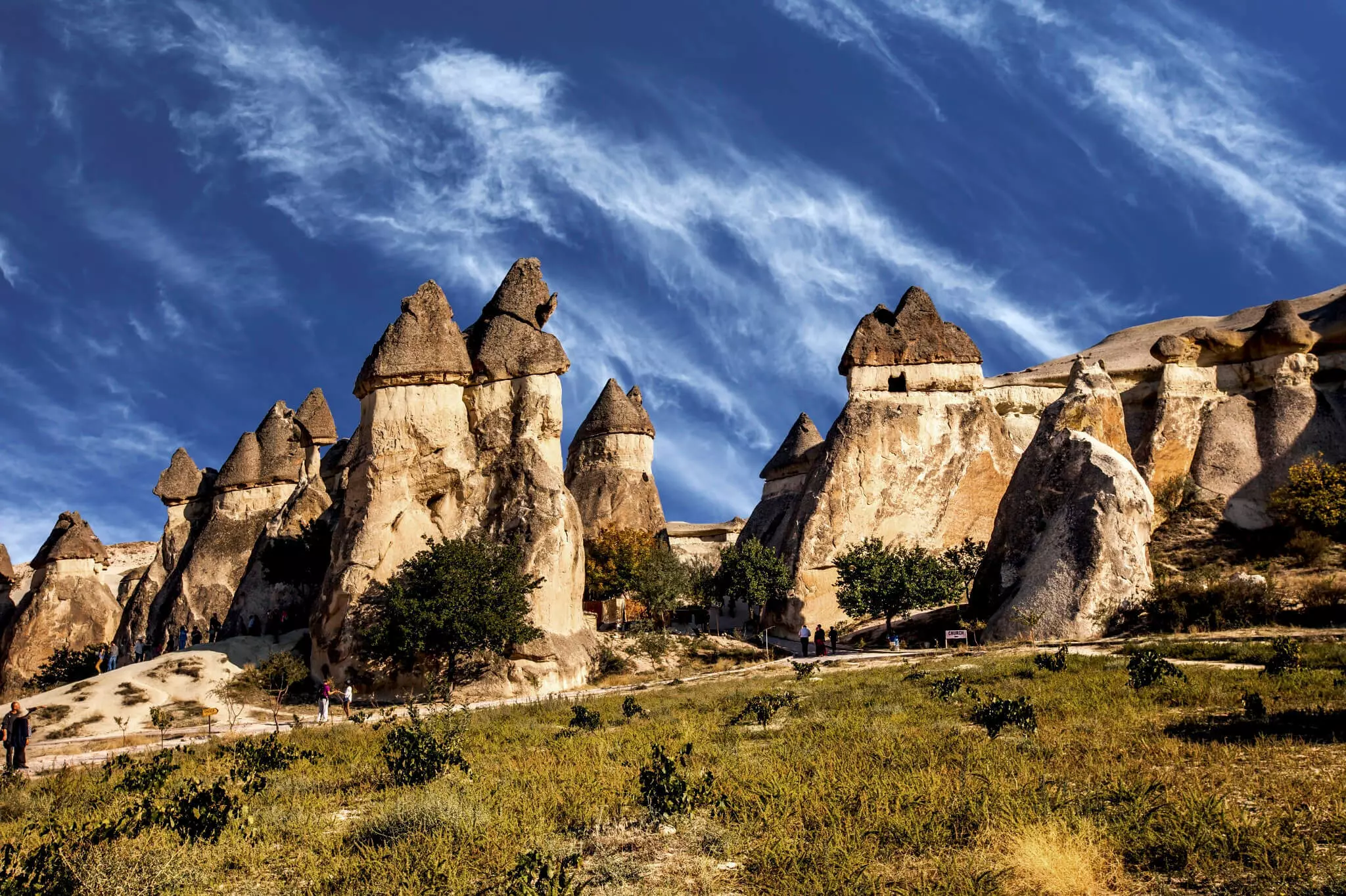 a group of people walking on a path in a grassy area with Cappadocia in the background