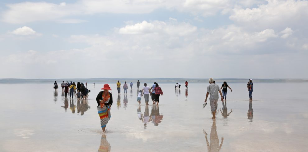 a group of people walking on a beach