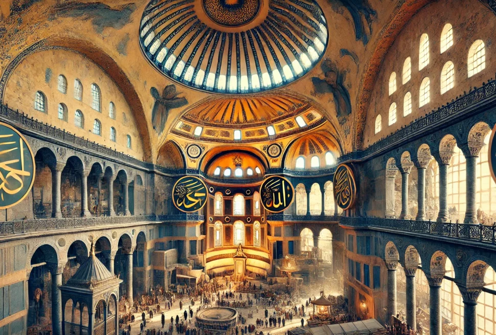 DALL·E 2024 11 07 14.48.22 An artistic illustration of Hagia Sophia in Istanbul showcasing its iconic architecture massive dome and historical details that reflect both Chris