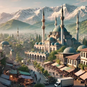 DALL·E 2024 12 02 11.55.25 A photorealistic landscape image of Bursa Turkey. The scene captures the iconic Grand Mosque Ulu Cami with its grand domes and minarets surrounded