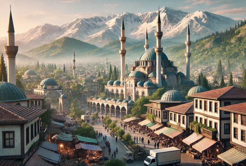 DALL·E 2024 12 02 11.55.25 A photorealistic landscape image of Bursa Turkey. The scene captures the iconic Grand Mosque Ulu Cami with its grand domes and minarets surrounded