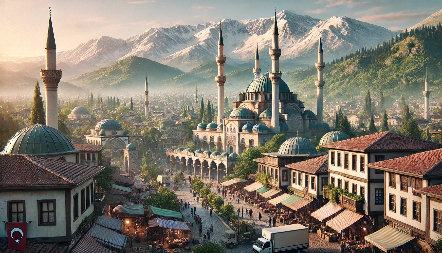 DALL·E 2024 12 02 11.55.25 A photorealistic landscape image of Bursa Turkey. The scene captures the iconic Grand Mosque Ulu Cami with its grand domes and minarets surrounded